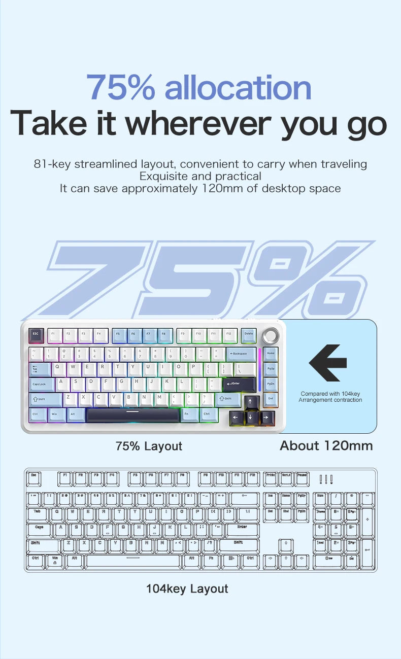 75% Hot Swap Gaming Keyboard Wireless FREEWOL F75 RGB Mechanical Keyboard with Metal Knobs AULA F75 Same Model,Tri-Mode,4000 mAh