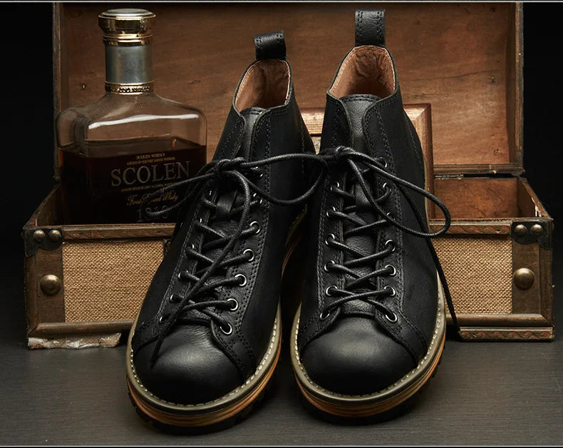 KOWM Cowhide Hiking Shoes Men's Walking Boot British Trekking Shoes Thick-Soled Cowhide High-Top Motorcycle Boots Ankle Sneakers
