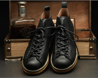 KOWM Cowhide Hiking Shoes Men's Walking Boot British Trekking Shoes Thick-Soled Cowhide High-Top Motorcycle Boots Ankle Sneakers