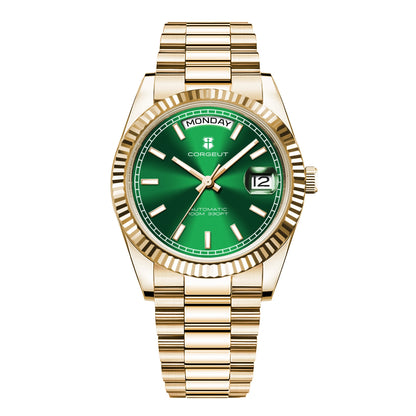 Orologio meccanico da uomo CORGEUT NH36 con indicazione di giorno e data, bracciale President, cassa in acciaio, lunetta arcuata filettata, impermeabile