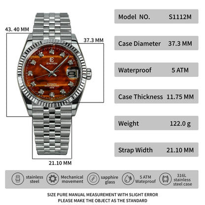 Eniton 36mm Men's Mechanical Watch Stainless Steel Peacock Stone Tiger Eye Dial NH35 Movement