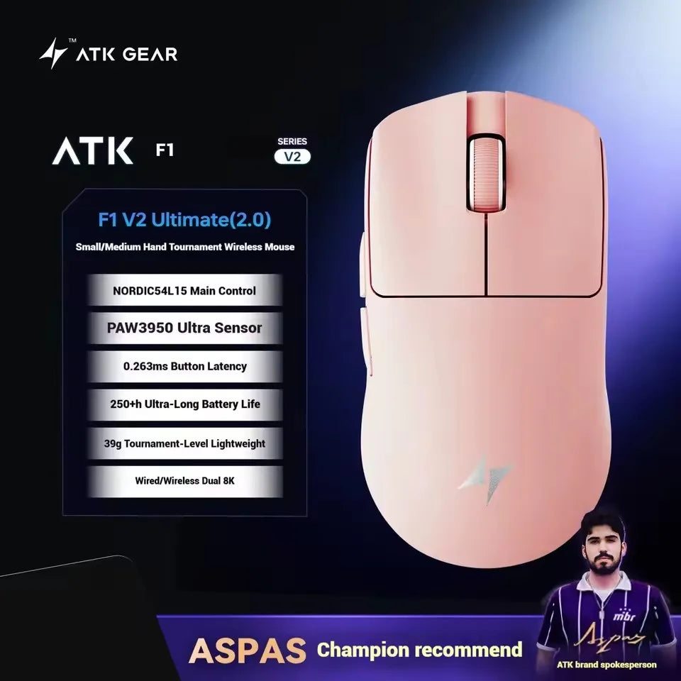 ATK Blazing Sky F1 V2 Ultra Max brezžična igralna miška z dvojnim načinom, lahka, PAW3950Ultra, dvojni 8K, nizka zakasnitev, ergonomska, Extreme
