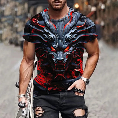 Summer New Men's O-neck T-shirt Flame Magic Dragon 3D Print Casual Breathable Lightweight Versatile Design Short Sleeve Menswear