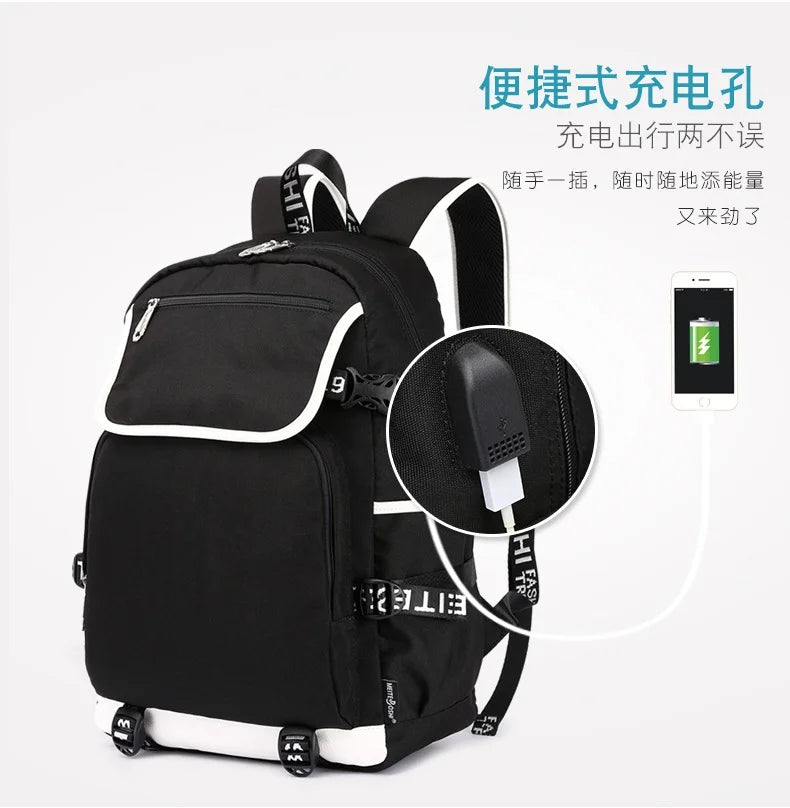 Mochila Fortnite de Grande Capacidade, Saco de Ombro Casual com Porta USB, Unissexo, Estilo Anime, para Estudantes, Nova Mala Escolar Elegante, Presente de Papelaria