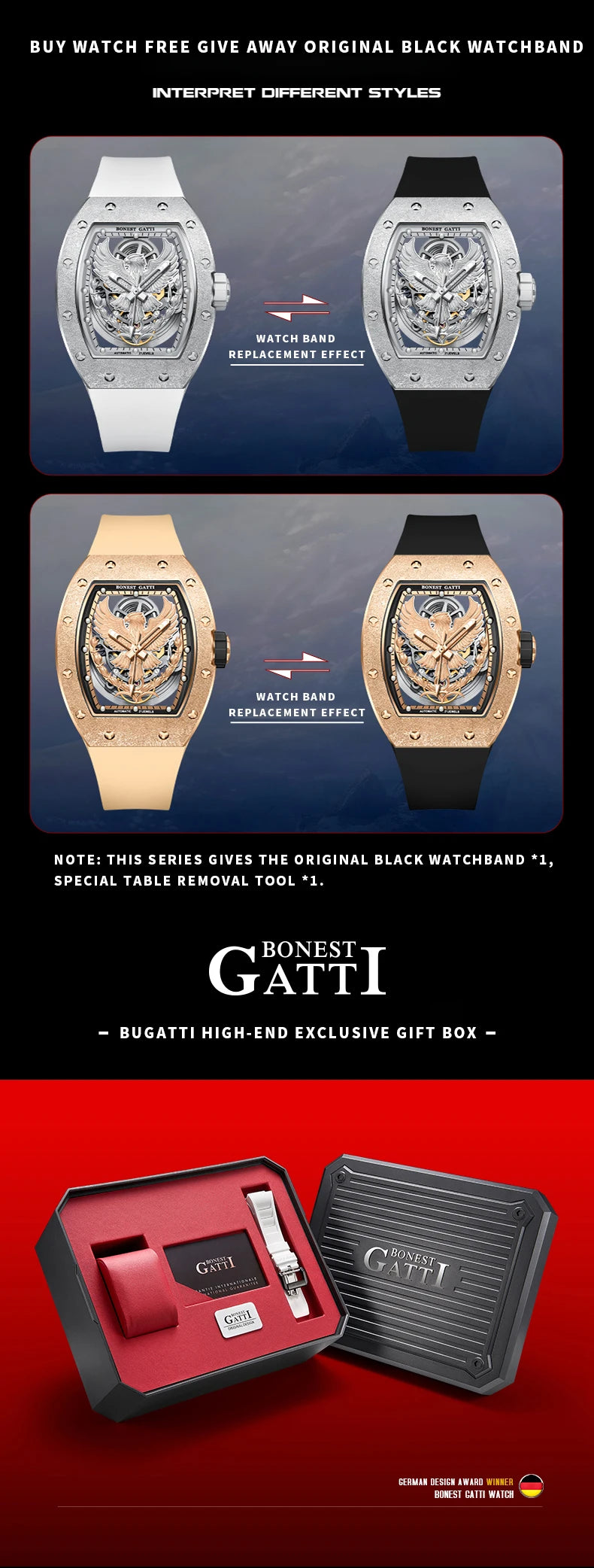 BONEST GATTI Luxury Men Hollow Automatic Mechanical Watches Tonneau Sapphire Crystal Luminous Hollow Eagle Dial Rubber Strapes