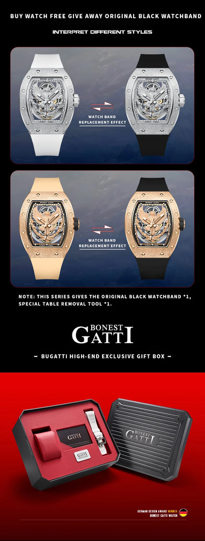 BONEST GATTI Luxury Men Hollow Automatic Mechanical Watches Tonneau Sapphire Crystal Luminous Hollow Eagle Dial Rubber Strapes