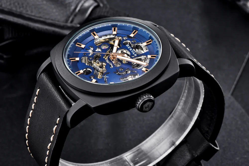 BENYAR Watch for Men Luxury Skeleton Tourbillon Automatic Mechanical Men's Watch 30M Waterproof Leather Strap Sports Reloj Hombre