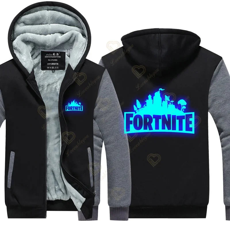 Winter Warm Fortnite Luminescent Hoodies Men Women Game Cosplay Sweatshirts Thick Fleece Zipper Couple Jacket & Coat