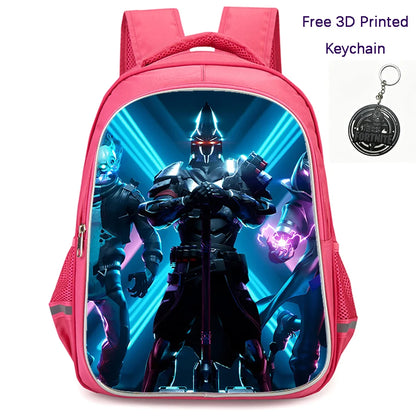 FORTNITE 16-inch Durable Lightweight Backpack, Dual Zipper Pockets, Cartoon Style for Boys & Girls 6-10,Free 3D Printed Keychain