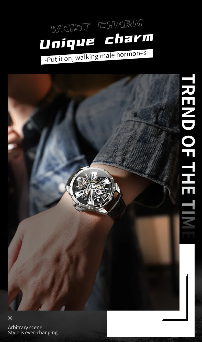 OLEVS 7051 Fashion Men's Watch Leather Strap 30M Waterproof Hollow HD Luminous Automatic Mechanical Wristwatch for Men