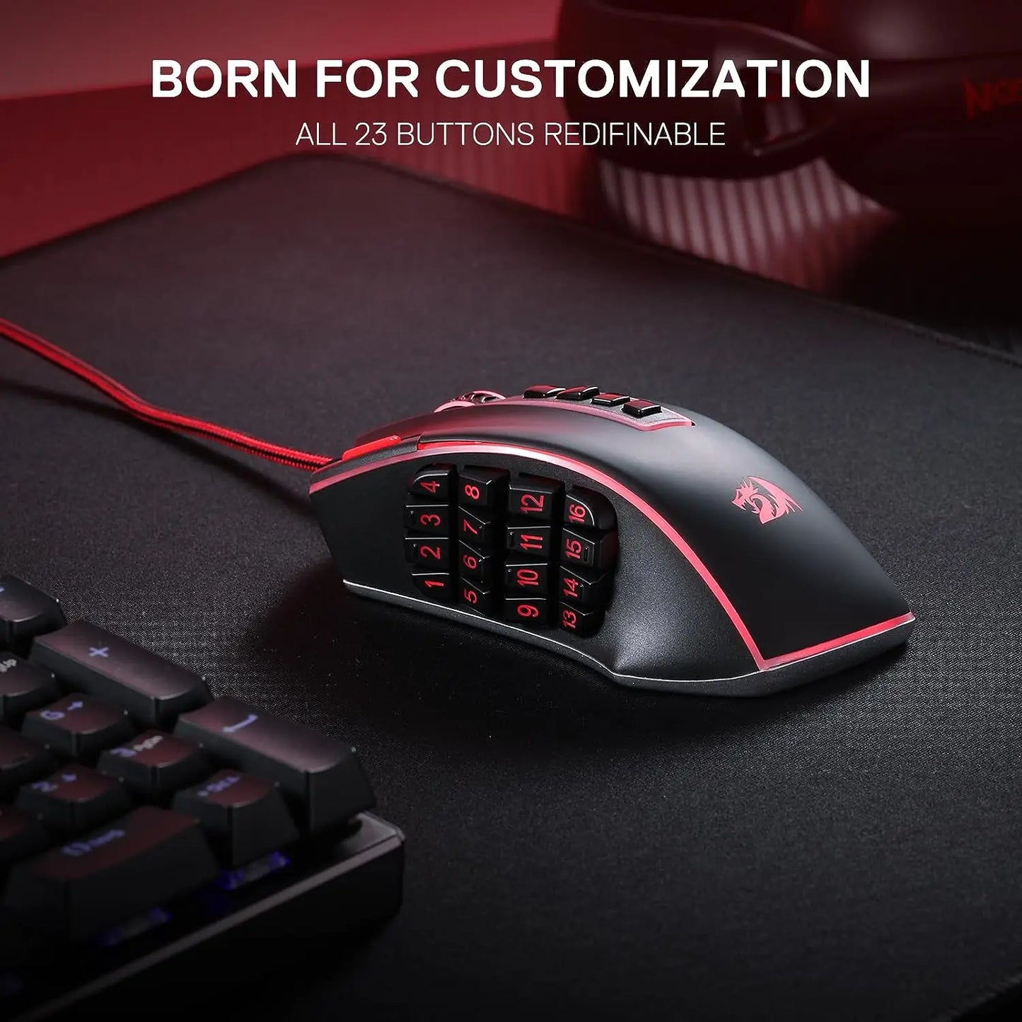 Mouse de gaming MMO Redragon M990, 32000 DPI, de înaltă precizie, cu fir, RGB, cu 23 de butoane programabile și 16 taste macro laterale