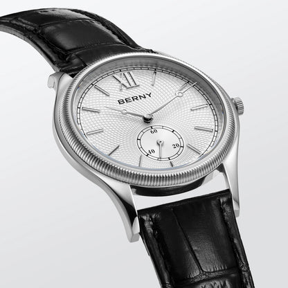 BERNY Men's Watches Luxury Classic Stylish Dress Quartz Watch Slim Stainless Steel Case Elegance Leather Strap Wristwatch