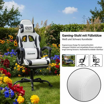 Gaming Chair with Footrest Reclining Swivel Ergonomic Gaming Chair, Adjustable Height, 360° Swivel, White & Black Gaming Chair for Home Office and PC Gaming
