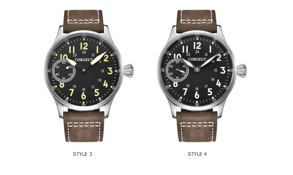 Corgeut 44mm Leather Luminous Mechanical Hand Winding Watch For Men 17 Jewels ST3600 Seagull 6497 Movement Sport Wristwatches