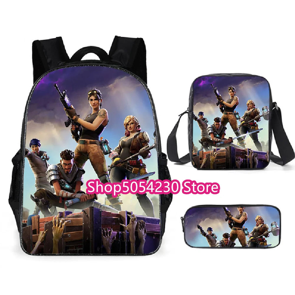 Conjunto de Mochila Fortnited 3PCS para Adolescentes e Estudantes, Saco de Viagem Fortress Night, Mochila Escolar 3D de Jogos Populares