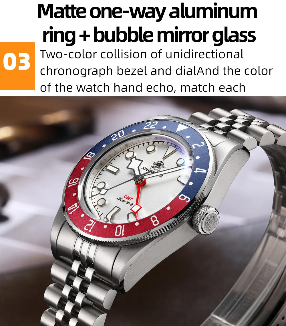 ADDIESDIVE Luxury GMT Men's Diving Watch 200m Waterproof Bubble Mirror Glass Quartz Watch BGW9 Blue Luminous Sports Watch AD2044