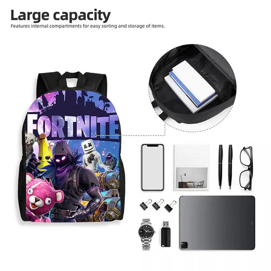 Mochila leve Fortnite Cartoon de 15 polegadas com alças ajustáveis para crianças, saco escolar diário para meninos e meninas dos 5 aos 9 anos