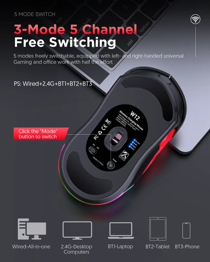 MKESPN W12 10-knappers makro-gamingmus til begge hænder, trådløs Bluetooth, multikanal, tri-mode, stor RGB, ergonomisk og ambidekstral