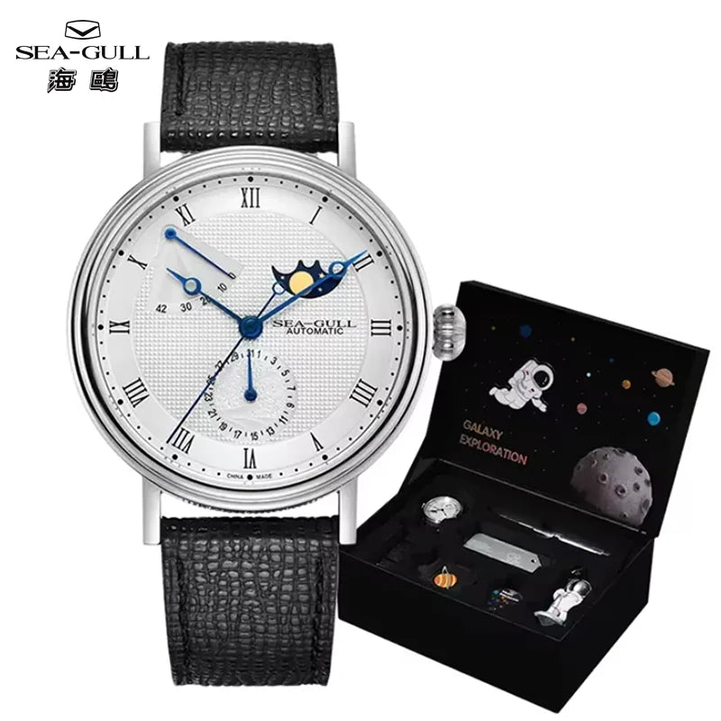 Seagull Men's Business Wristwatch Moon Phase Leather Luxury Automatic Mechanical Men's Watches 50M Waterproof Relogio 6092