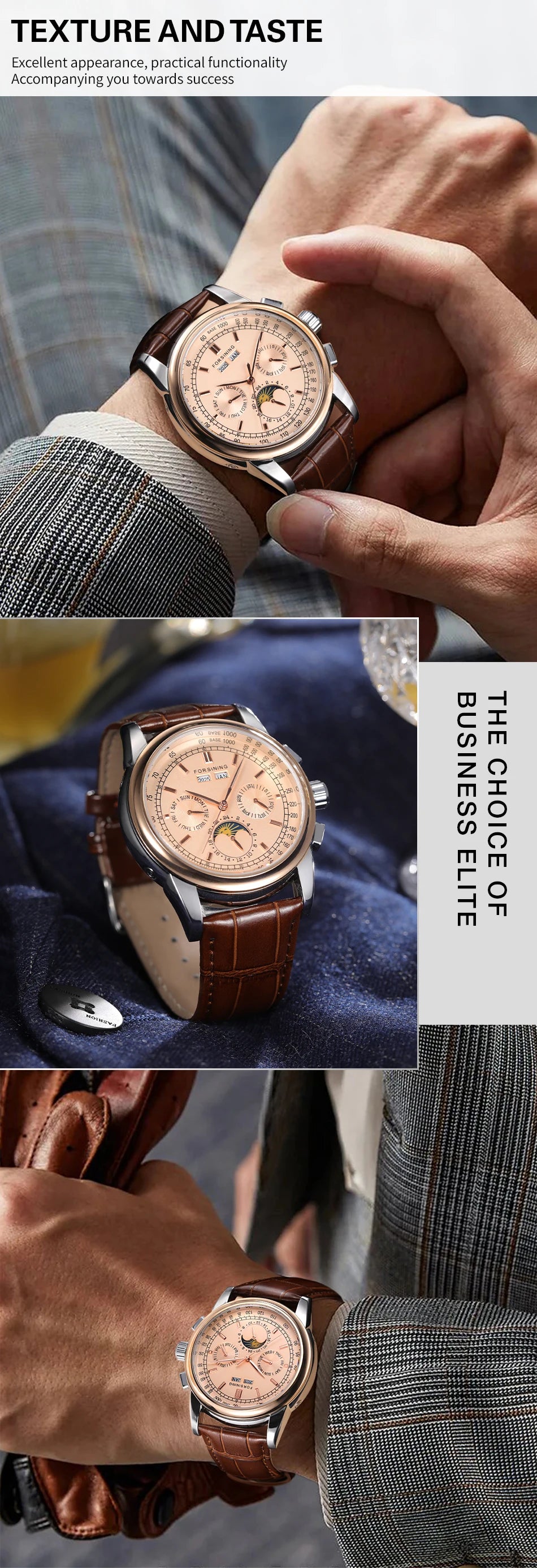 Forsining Retro Mechancial Watches Moon Phase Shanghai Movement Rose Gold Case Brown Leather Strap Luxury Automatic Mens Watch