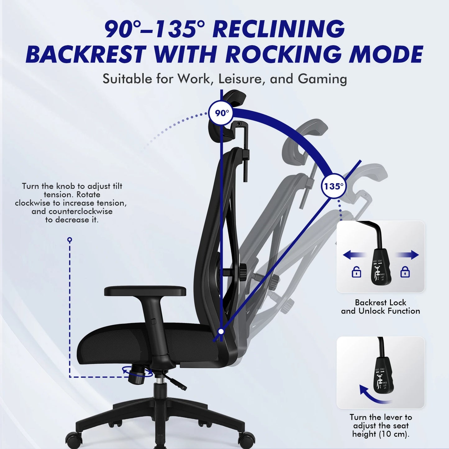 AUTHMIC Ergonomic Office Chair Mesh Back, 5D Lumbar Support, Reclining 90–135°, Adjustable Armrest & Headrest for Home Office