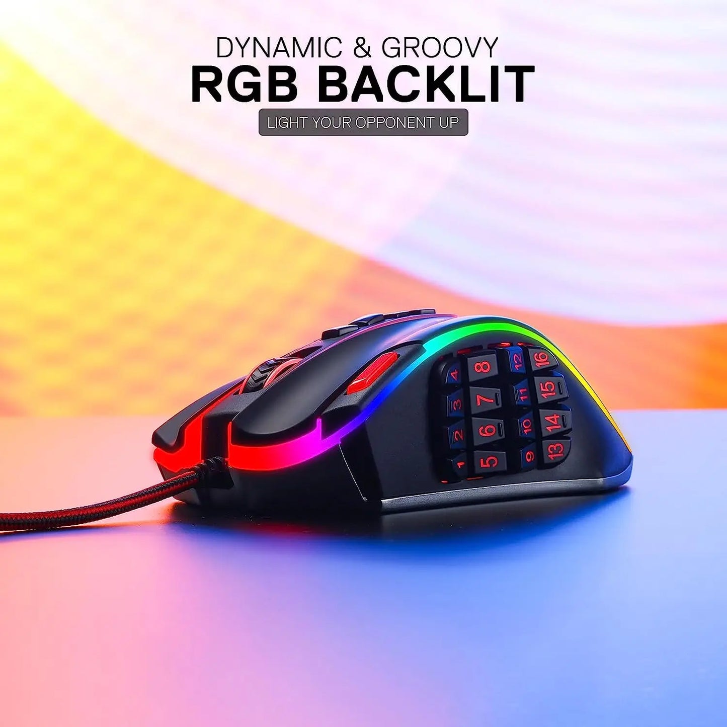 Mouse de gaming MMO Redragon M990, 32000 DPI, de înaltă precizie, cu fir, RGB, cu 23 de butoane programabile și 16 taste macro laterale