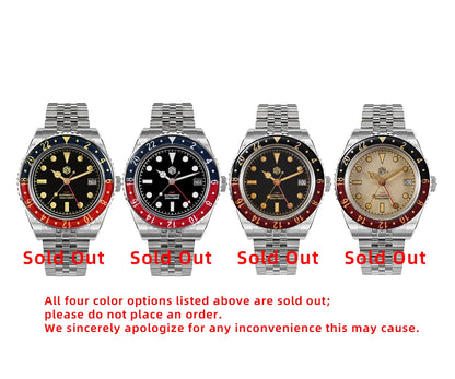 San Martin 40mm SN0005 Retro GMT NH34 Automatic Distressed Patina Dial Bi-color Sapphire Bezel Jubilee Mens Watches 20Bar Lume