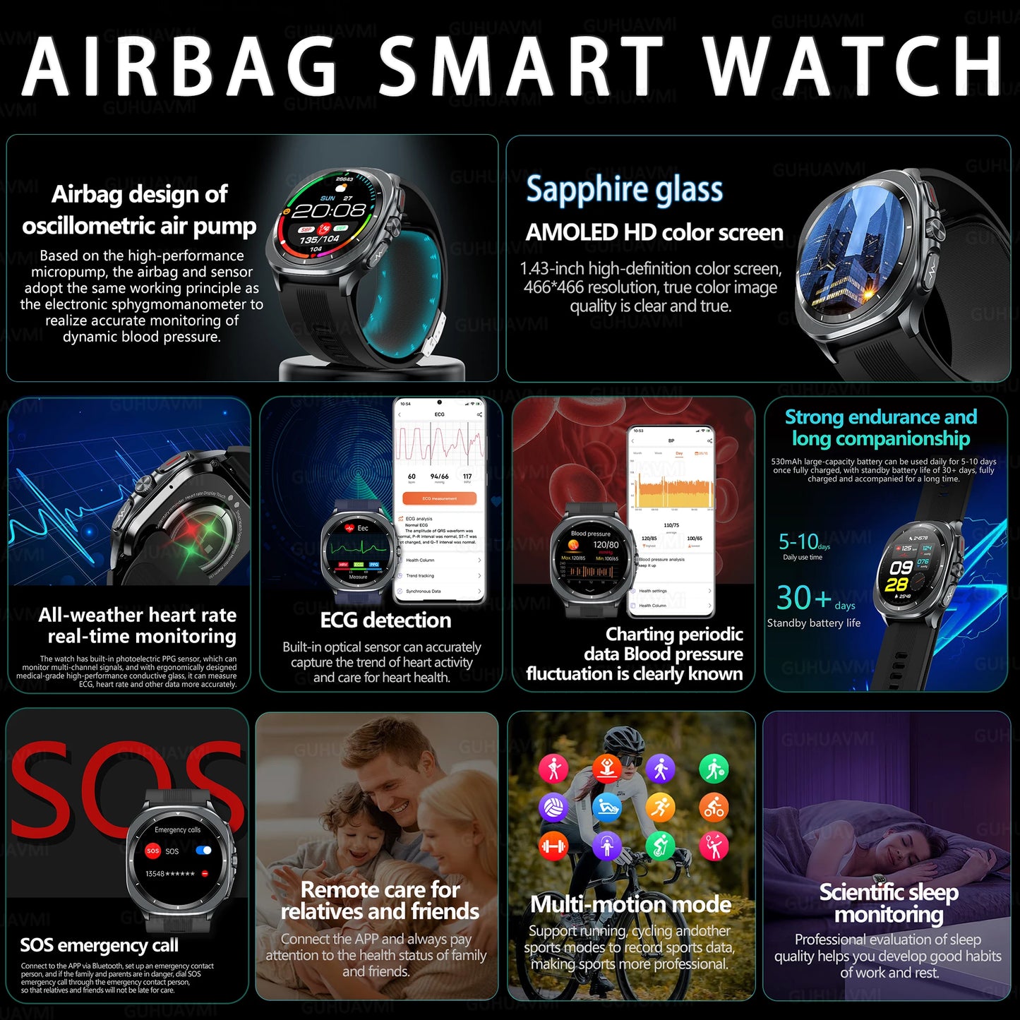 2026 New Health track Smartwatch Air Pump Airbag True Blood Pressure Health Measure Smart Watch Men Women Blood oxygen BT Call
