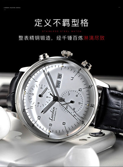 Men's Business Watch Mechanical Movement Multifunction Chronograph Stainless Steel Waterproof Automatic Calendar Sapphire