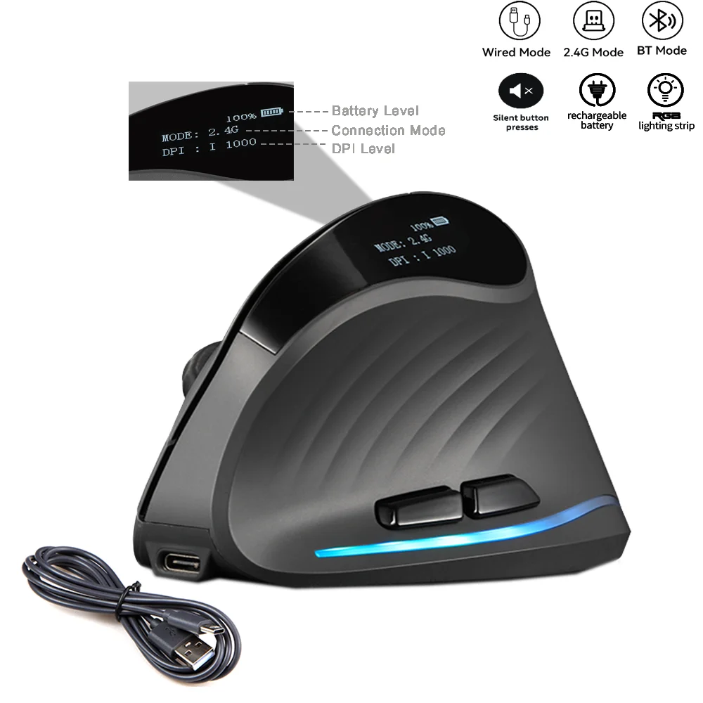 Rato vertical sem fios recarregável com ecrã — rato ergonómico gaming programável de 6 botões para jogador em desktop
