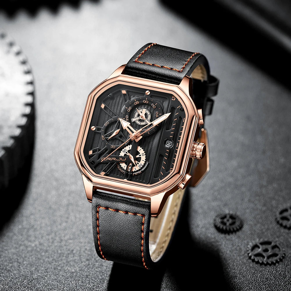 CRRJU Fashion Square Dial Leather Mens Watches Luxury Sport Waterproof Watch Man Chronograph Quartz WristWatches Homme+Box