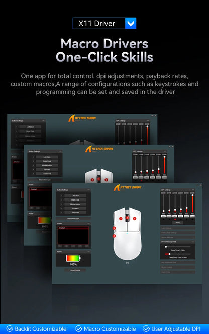 Mouse gaming ușor ATTACK SHARK X11 Tri-Mode cu PAW3311, 22000DPI, 400IPS, 40G, 59g, încărcare rapidă magnetică, iluminare RGB