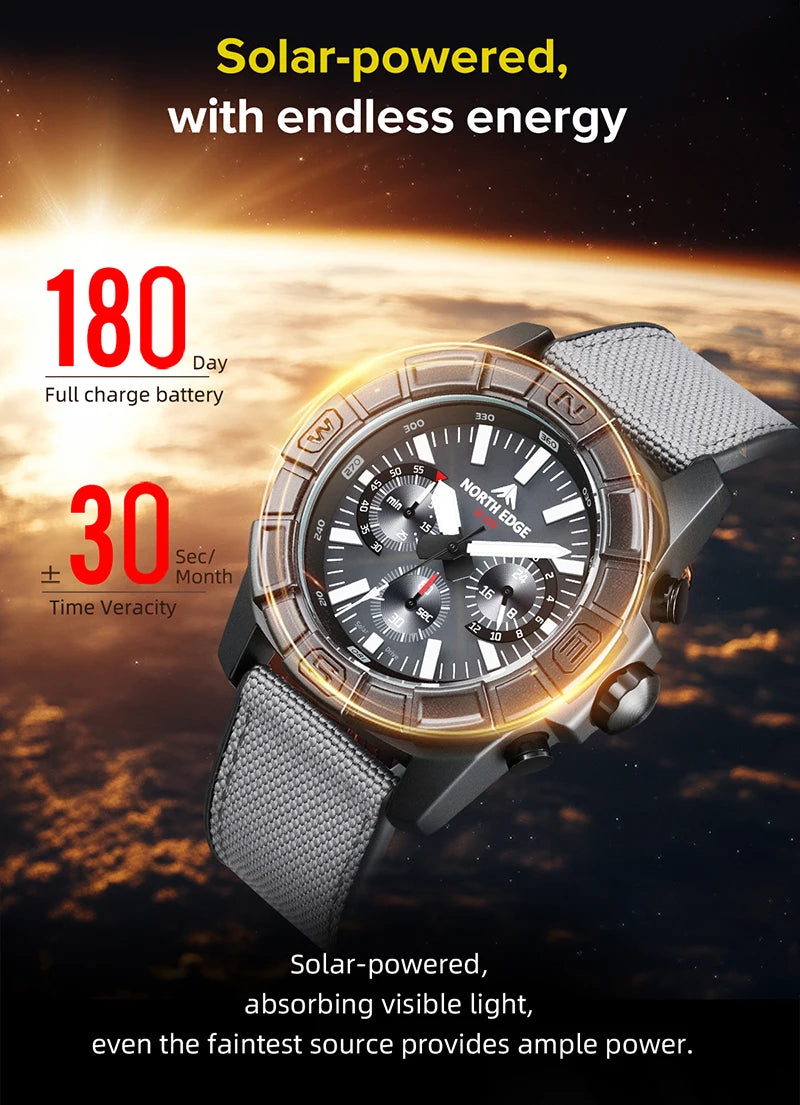 NORTH EDGE 2025 BLAZE Men's Watches Solar Power 316 stainless steel Case Quartz Watch For Men Pilot Waterproof 50M Stopwatch
