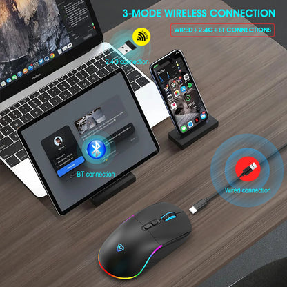 Mouse tri-mod 2.4G wireless/Bluetooth/cu fir, DPI reglabil pe 6 trepte, baterie 500mAh, iluminare RGB, mouse esports pentru gaming, macro și birou
