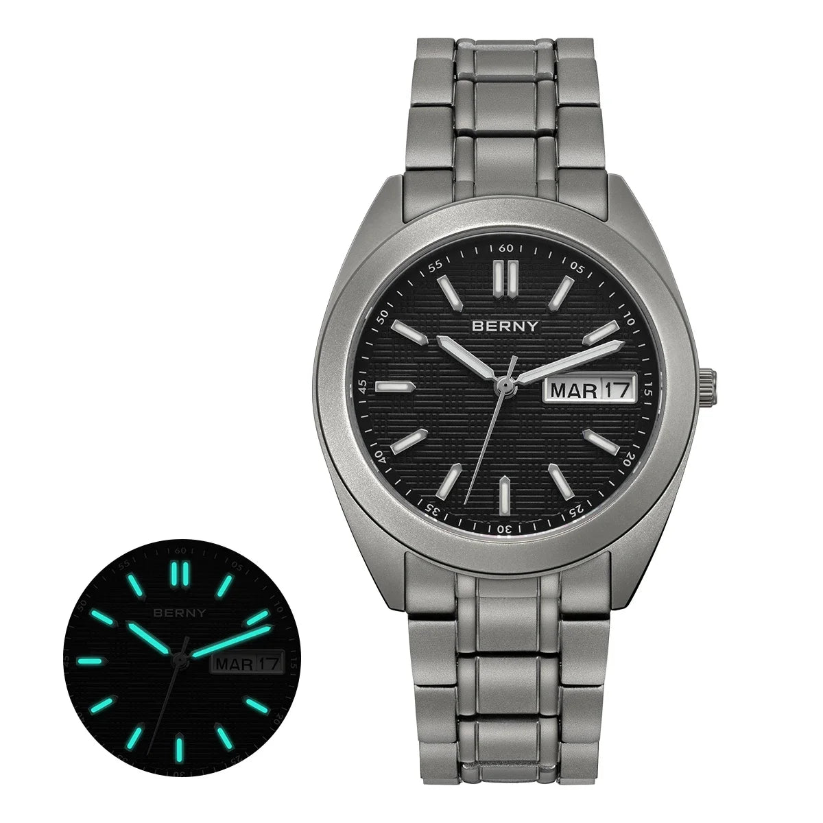 BERNY Full Titanium Men Watch Date Week Quartz Watches Calendar Sapphire Super Luminous 100M Waterproof Lightweight Wristwatch