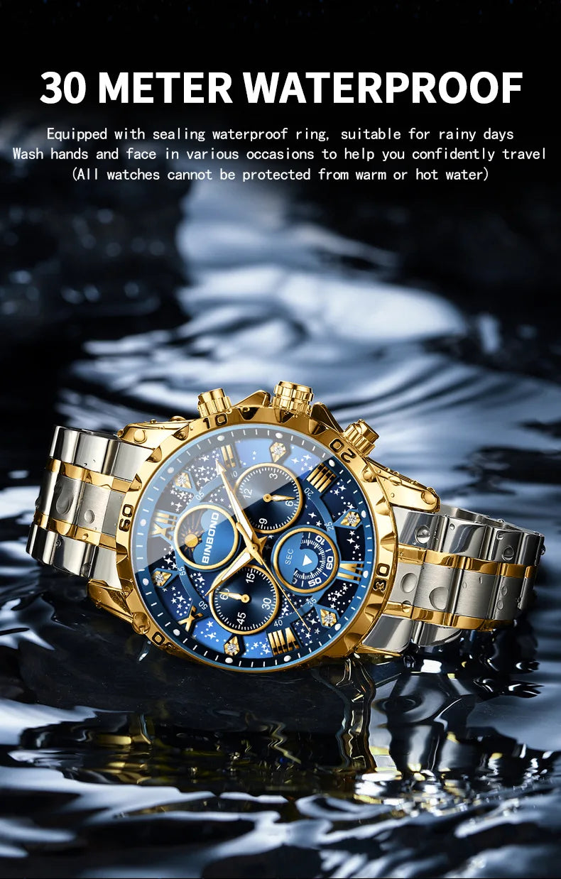 2026 Men Watch Light Luxury Business Steel Belt Moonphase Starry Night Light Waterproof Men's Fashion Quartz Clock Watches Gift