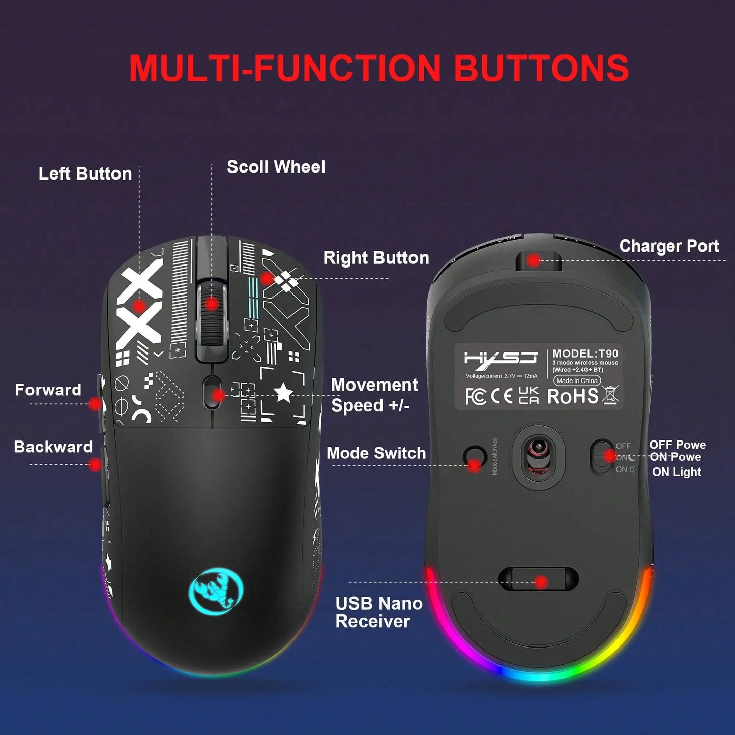 Gamingmus med 3 lägen, Bluetooth, uppladdningsbar, 2.4G USB, trådlös RGB-bakgrundsbelysning för iPad, surfplatta, laptop och dator