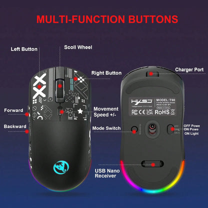 Gamingmus med 3 lägen, Bluetooth, uppladdningsbar, 2.4G USB, trådlös RGB-bakgrundsbelysning för iPad, surfplatta, laptop och dator