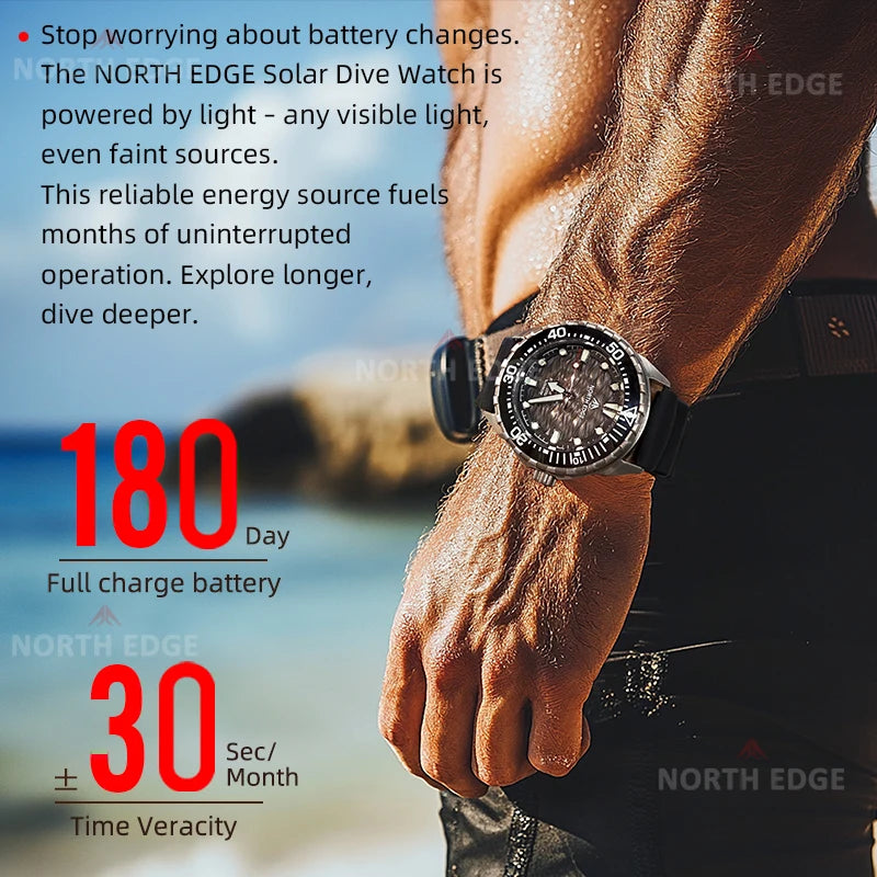 NORTH EDGE TRITON-Ti Solar Powered Dive Watch Titanium Alloy Case Men Luxury Quartz Watches For Men Waterproof 300M