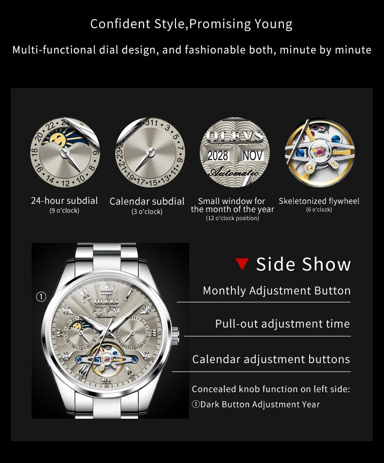 OLEVS 7028 Automatic Mechanical Men's Watch Tourbillon Dial Multifunctional Date Waterproof Luminous Watch for Men