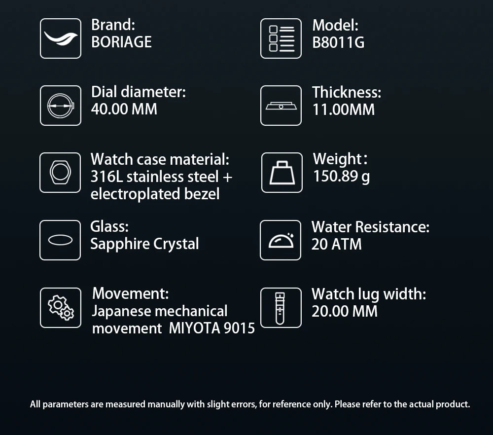 BORIAGE Fully automatic mechanical diving watch, 200m Water Resistance Miyuda 9015 movement men's watch