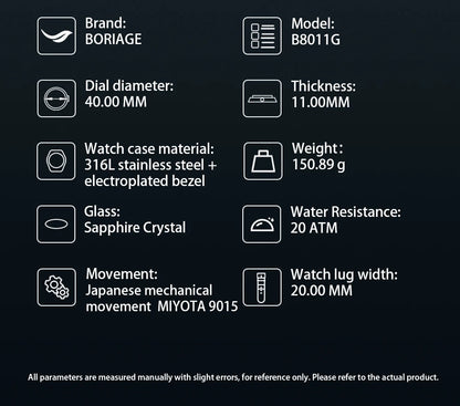 BORIAGE Fully automatic mechanical diving watch, 200m Water Resistance Miyuda 9015 movement men's watch