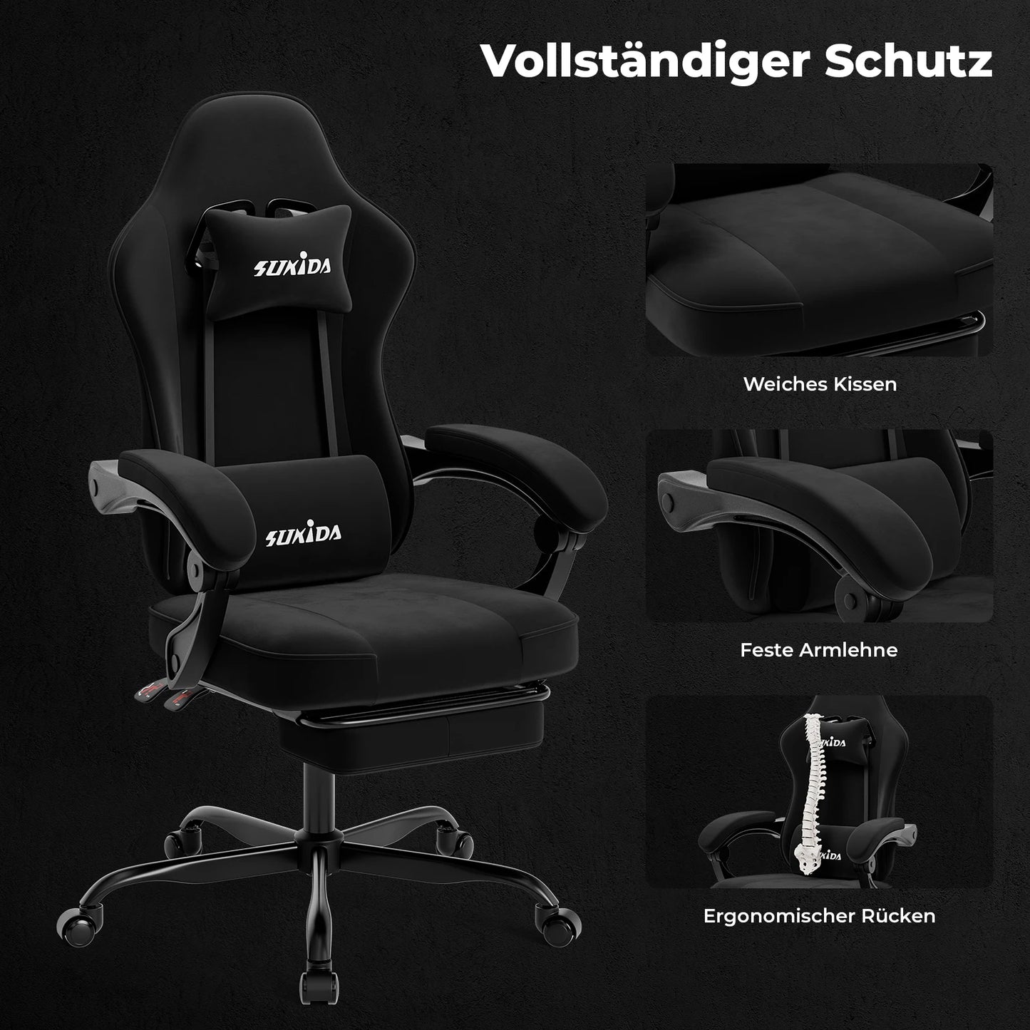SUKIDA Gaming Chair with Footrest, Racing Chair Design PC Chair, Ergonomic Office Chair Adjustable with Lumbar Support