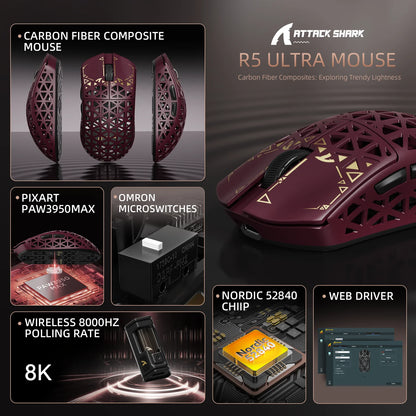 ATTACK SHARK R5 Ultra Carbon Fiber kabellose Gaming-Maus, PixArt PAW3950MAX Gaming-Sensor, 42000DPI, 8000Hz, MCU Nordic 52840
