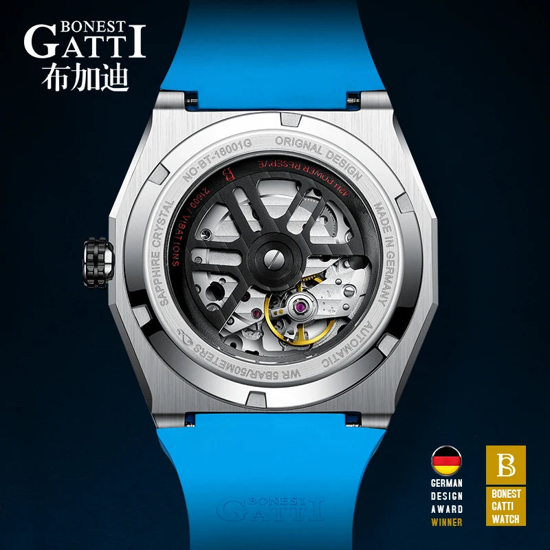 BONEST GATTI BG7601 Men Automatic Mechanical Watch Sapphire Crystal Waterproof Luminous Rubber Strap Wristwatch