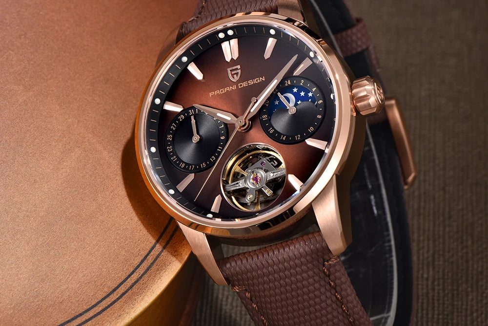 PAGANI DESIGN – luksuzni mehanički sat za muškarce, 41 mm, safirno staklo, kožni remen, vodootporan, u pilotskom stilu, s turbiljonom i fazama mjeseca