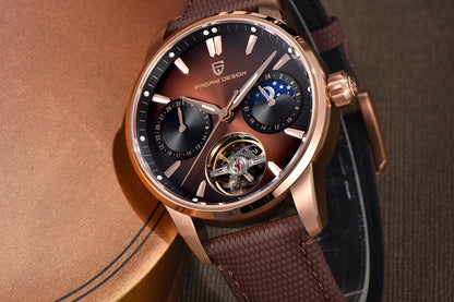 PAGANI DESIGN – luksuzni mehanički sat za muškarce, 41 mm, safirno staklo, kožni remen, vodootporan, u pilotskom stilu, s turbiljonom i fazama mjeseca