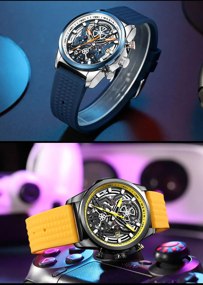 MEGIR Chronograph Quartz Watch Men Fashion Waterproof Yellow Silicone Strap Sport Wristwatch with Luminous Hands Auto Date 2235