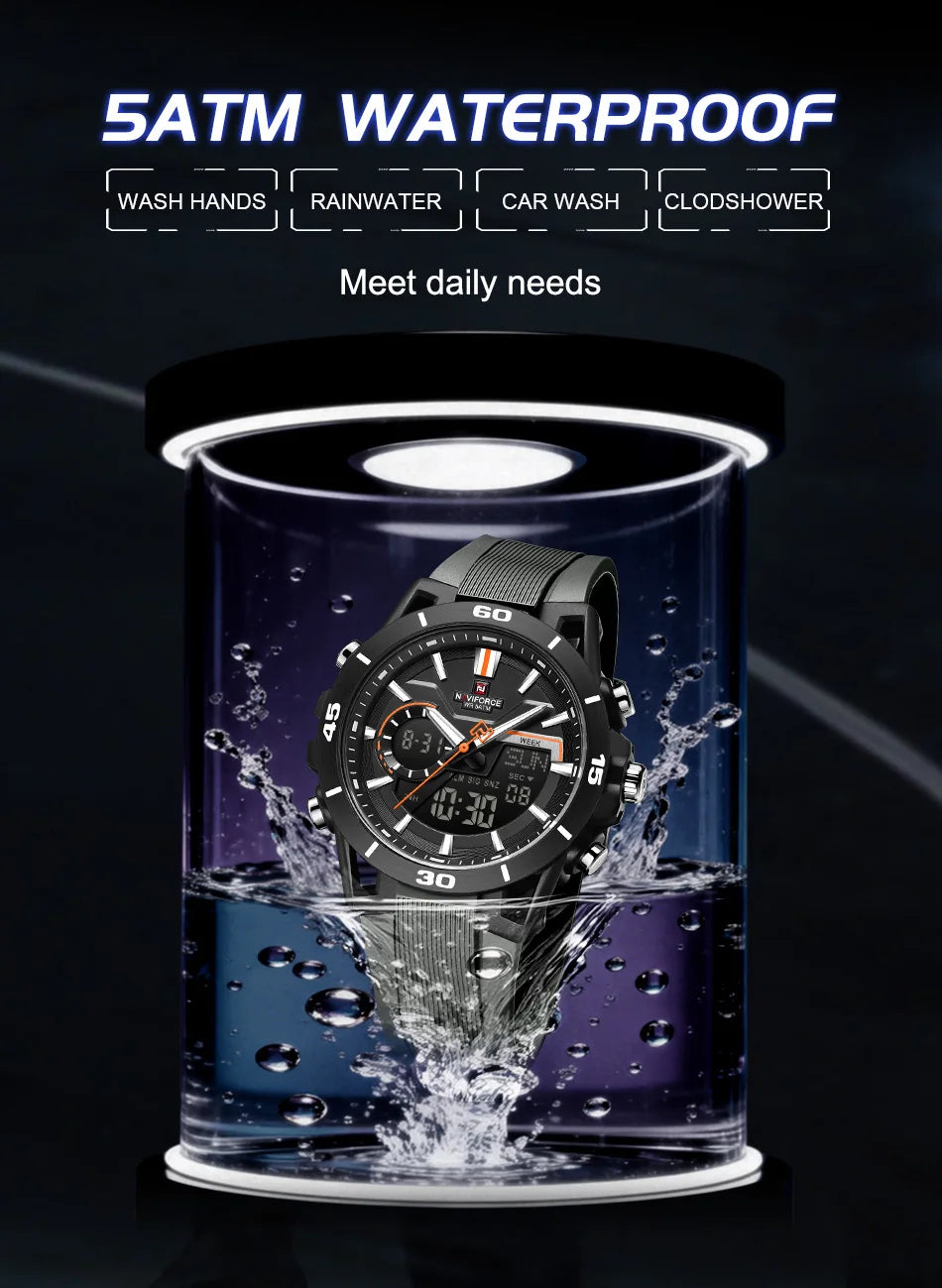 NAVIFORCE Men's Watch Dual Display 50M Waterproof Countdown Chronograph Alarm Clock Male Fashionable Sports Wristwatch NF7135