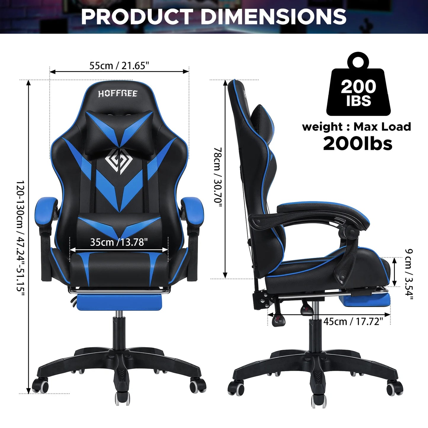 200Lbs Load Gaming Chair with Massage Ergonomic Computer Chair Footrest and Lumbar Support Reclining PC Chair Adjustable Armrest